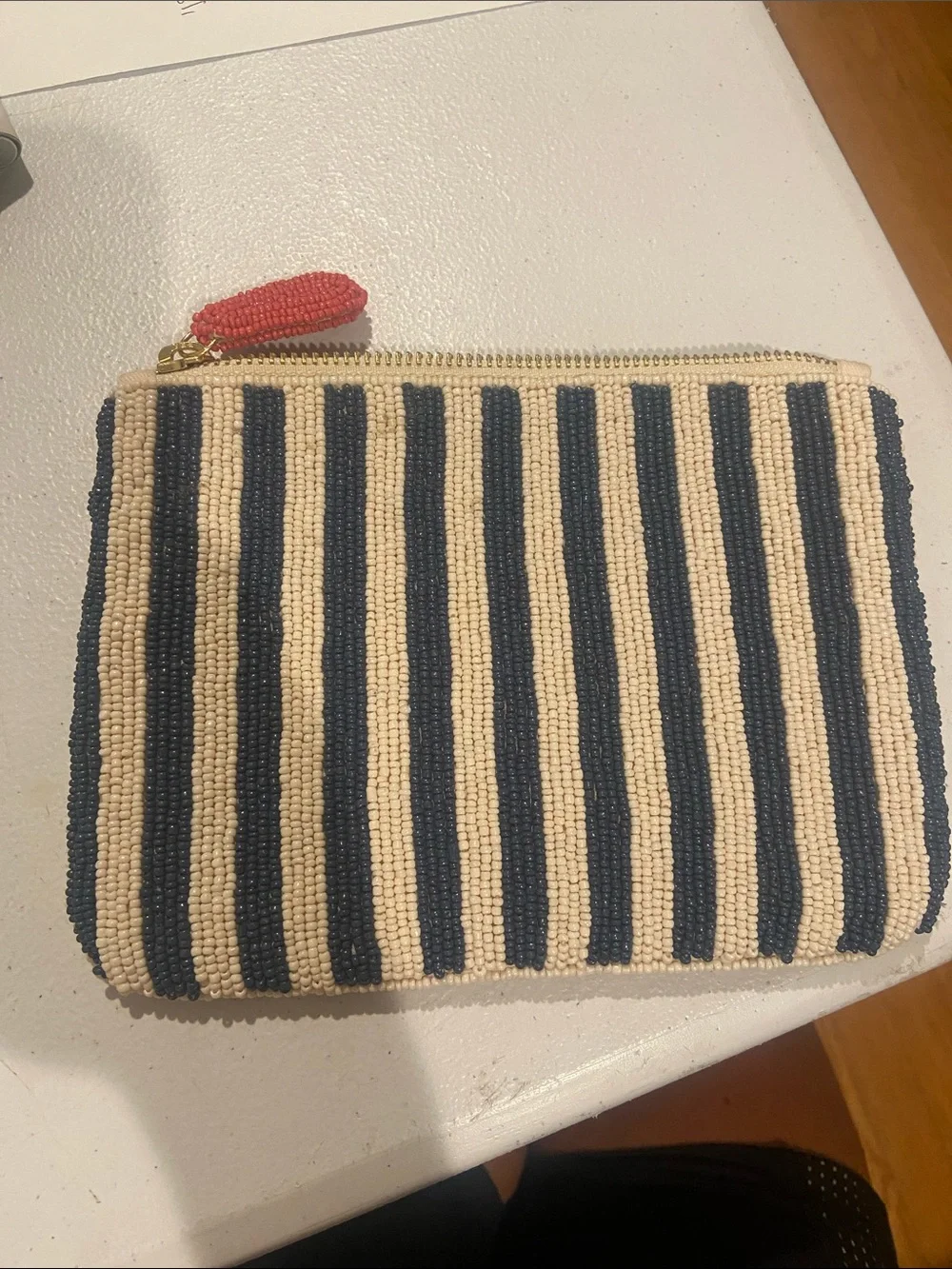 St. Tropez Cream Beaded Pouch with Red Sun and Navy Waves
